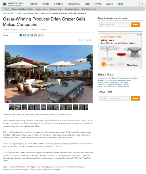 Celebrity Real Estate watch on Realtor.com