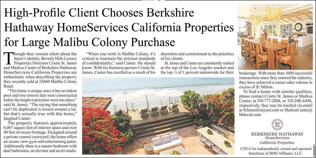 Ultra-High-End Malibu Colony Client Picks Cristie St. James and Markus Canter Luxury Properties Directors at Berkshire Hathaway Homeservices Beverly Hills